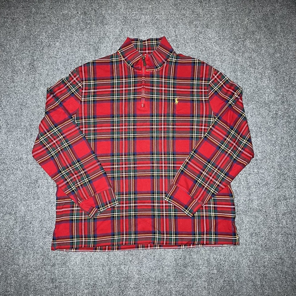 Polo Ralph Lauren Estate Rib Quarter-Zip Madras Plaid Pullover Sweater Men XL